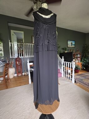 Classic Black Embroidered Maxi Dress with Draped Overlay